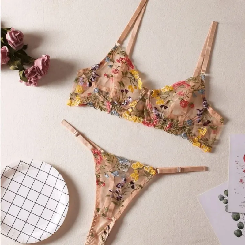 2-Piece Versatile Floral Lingerie Set Embroidery Sheer Women Underwear Intimates