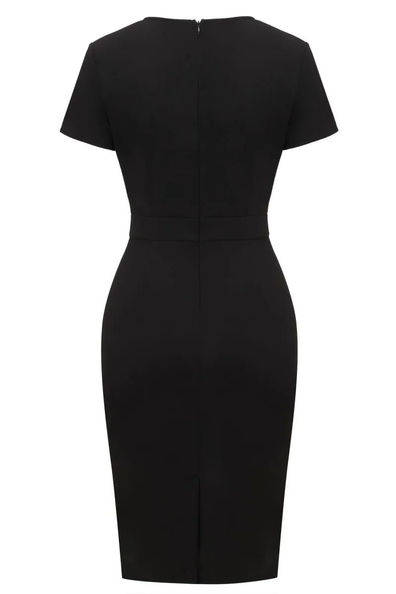 Womens Sweetheart Neck Short Sleeve Black Cocktail Knee Length Business Casual Party Summer Pencil Bodycon Sheath Dress