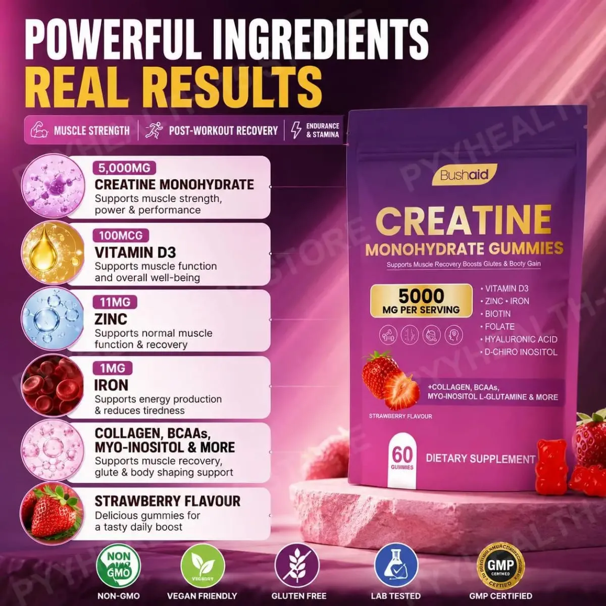 BushAid Creatine Monohydrate Gummies สำหรับการฟื้นฟูกล้ามเนื้อหลังการออกกำลังกายด้วย Multi-Collagen Blend BCAA และ Zinc 60 Gummies