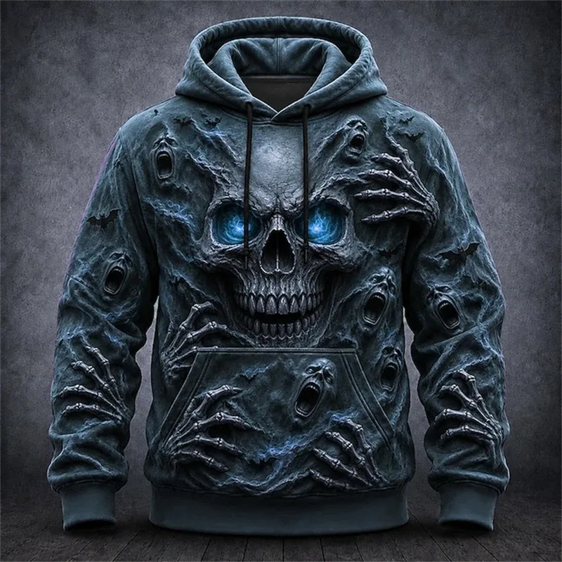 Men's Autumn Winter Halloween Hoodie Casual Pullover with Spooky Skull Print Loose Fit Festive Street-Style Top for Parties