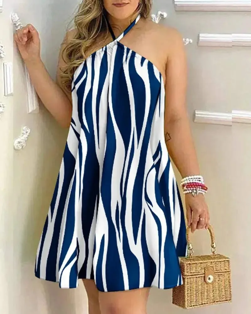 Women Halter Neck Sleeveless Floral Print Loose Swing Mini Dress Casual Beach Vacation Summer Cover Up Dress