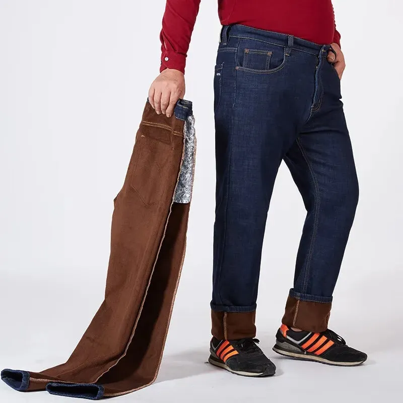 Men Plus Size 10XL Winter Warm Plush Jeans Stretch Loose Straight Baggy Denim Trousers for Comfortable Wear Oversize Streetwear — image 8