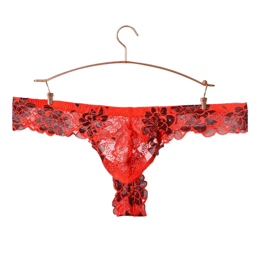 Men Floral Lace Thong Low Rise Elastic Waist G‑String Breathable See‑Through Floral Print Male Underwear Sexy Lingerie Panties