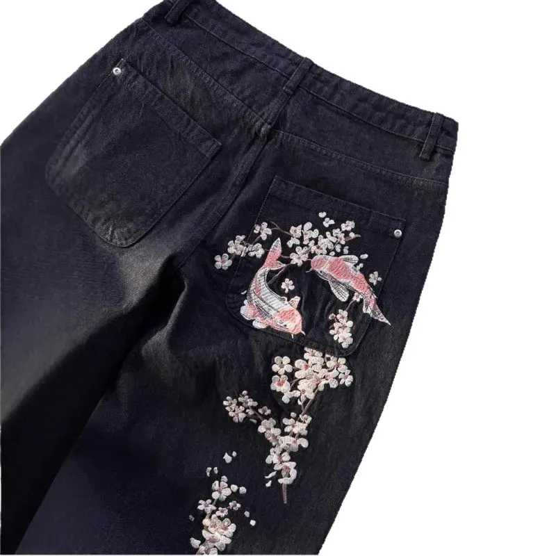 Unisex Jeans Harajuku European American Streetwear Embroidered Denim Pants Vintage Floral Loose Fit Straight Wide Leg Casual New