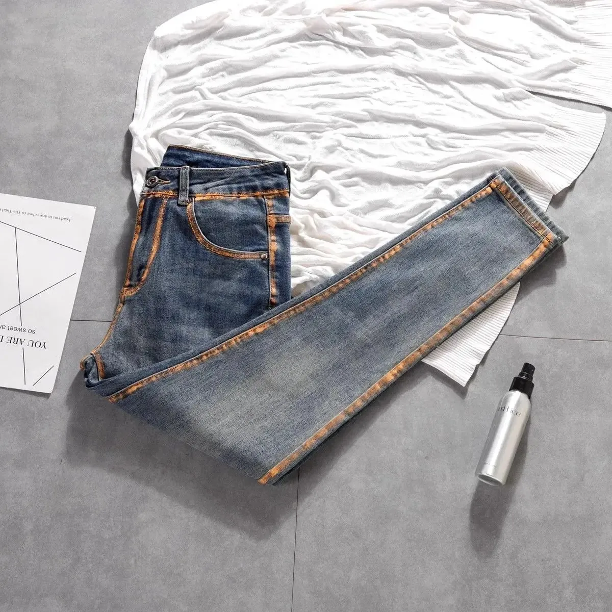 New Trousers Design Small Feet Elastic Slim Jeans High-end Casual Pants New Korean Work Original Paint Printing Trousers Man