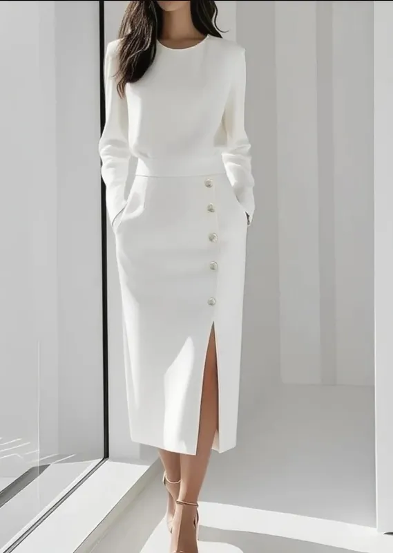 Women's Solid Color Long Sleeves Elegant Midi Dress with Button Details and Side Slit - Crew Neck — image 2