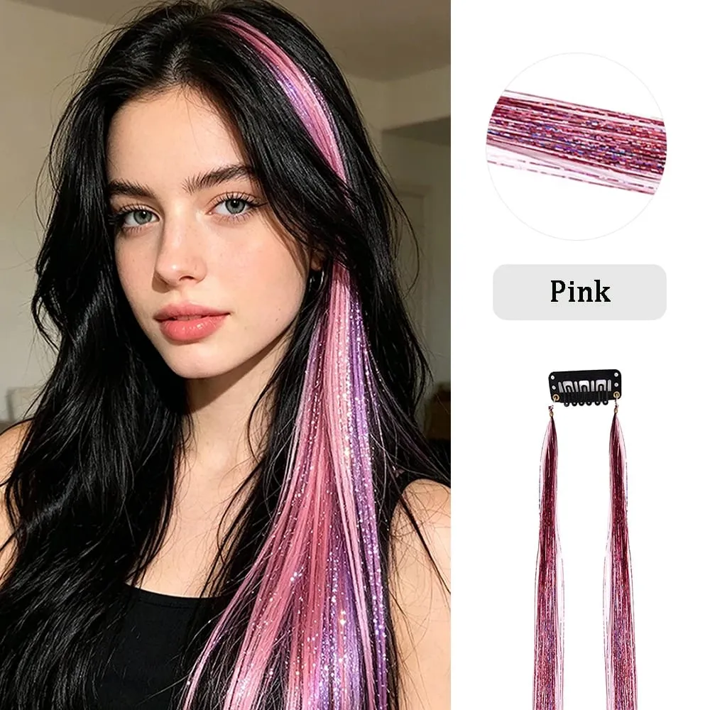 Multi-color Laser Wire Hair Extensions Shiny Tinsel Clip-in Hair Pieces Glitter Colored Hair Strands for Daily & Party Hairstyle