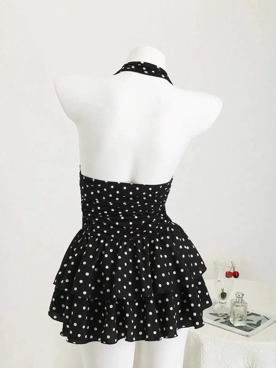 New Street Spicy Girl Digital Printed Design with Neck Hanging Sleeveless Short Thin Waist Cake Skirt