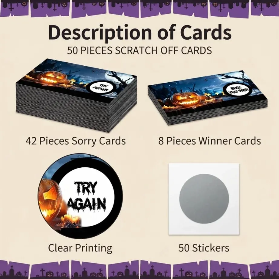 50pcs Halloween scratch-off cards—scratch to win and unlock prizes; perfect for Halloween-themed interactive activities.
