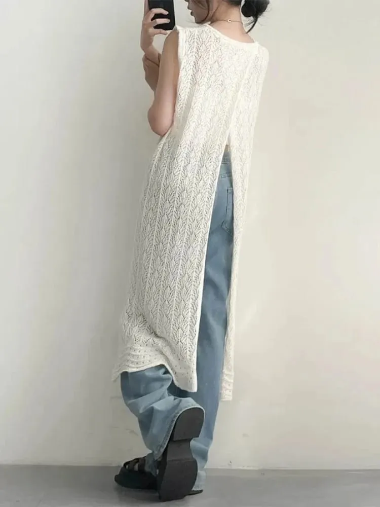 Zjaiss Women's 2026 Early Spring Japanese Retro Sweet Sweater Dresses Hollow Out Knit Irregular Long Sleeveless Vest Dress