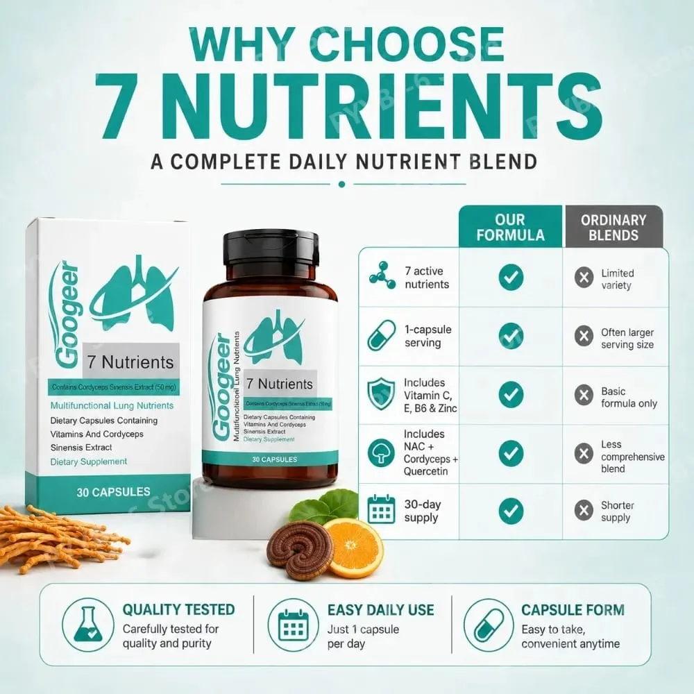 Googeer 7 Nutrients Lung Nutrition Capsules with Cordyceps Sinensis Extract &Vitamins Daily Respiratory Wellness Supplement 30Ct