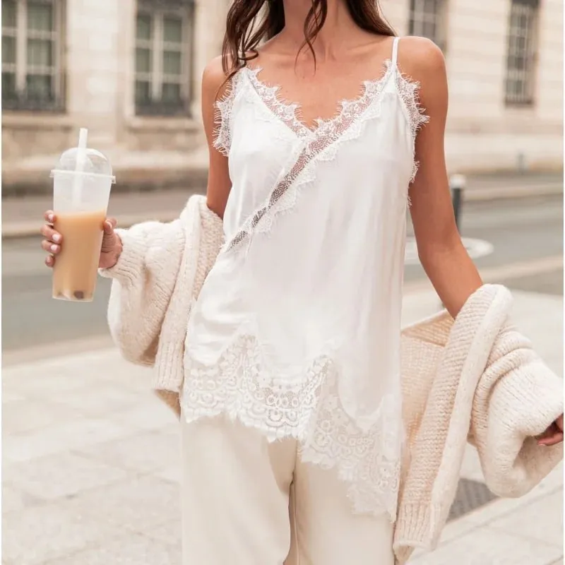y2k Coquette Satin Lace Cami Tops Silky Lace Trim Patchwork Spaghetti Strap Low Cut Asymmetrical Camisole Women Sexy Slip Tanks
