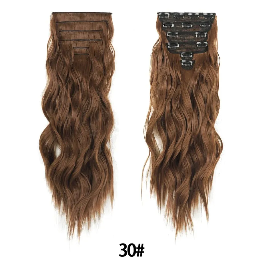 6PCS Clip in Hair Extensions Honey Blonde Mixed Light Brown 24 Inch Long Water Wavy Synthetic Hair Extensions For Women Use