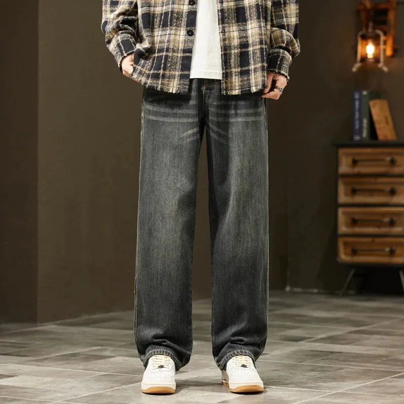Korean Loose Wide Legs Jeans Men's Vintage Wash Denim Pants Fashion Streetwear Casual Baggy Straight Male Trousers