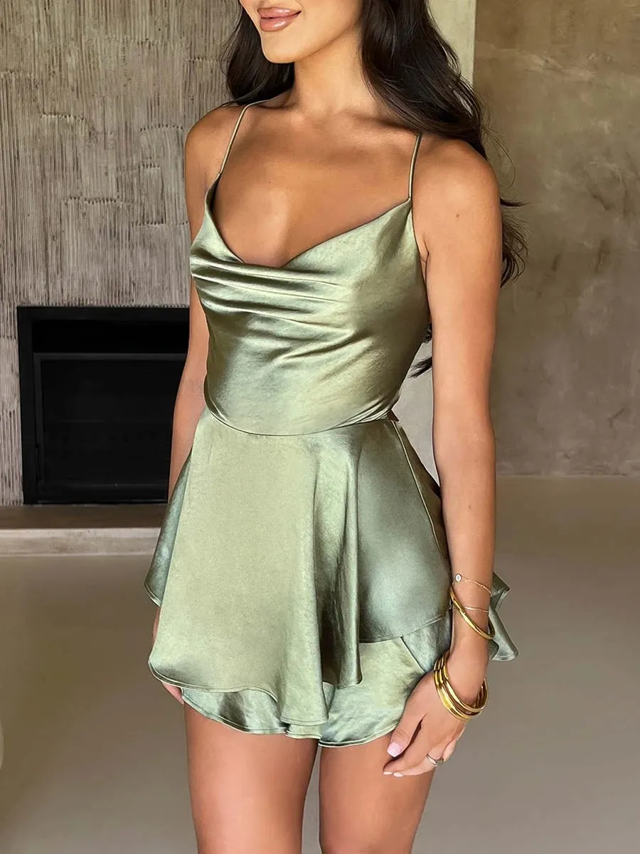 Satin Silke Kvinder Sexet Cami Playsuits Kjole Solid Cowl Neck Ærmeløse korte jumpsuits Sommer Cross Tie-Up Rygløs Romper