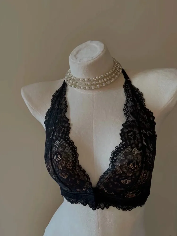 French Vintage Lace Halter Bra Set Wireless Thin Cup Small Breast Push Up Anti Sag Lifting Soft Pure Desire Ladies Intimate Bras