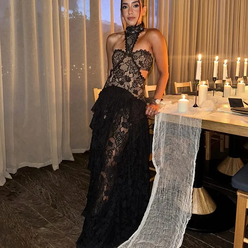 Elegant High End Lace Patchwork Dresses Women's Trendy Hollow Robe Irregular Design Vistidos 2026 New Spring Party Halter Gown — image 6