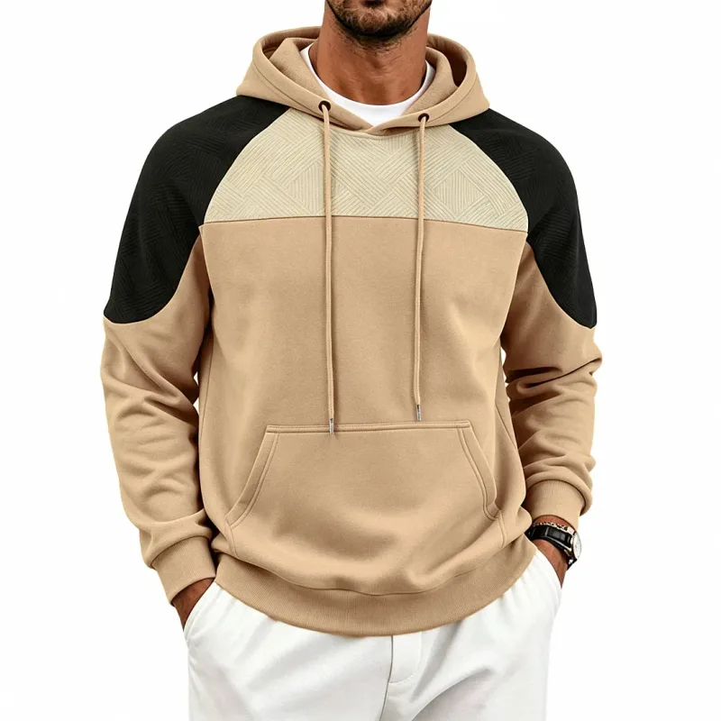 Men Patchwork Color Block Pullover Hoodie Drawstring Kangaroo Pocket Long Sleeve Loose Sweatshirt Autumn Winter Streetwear Tops — image 2
