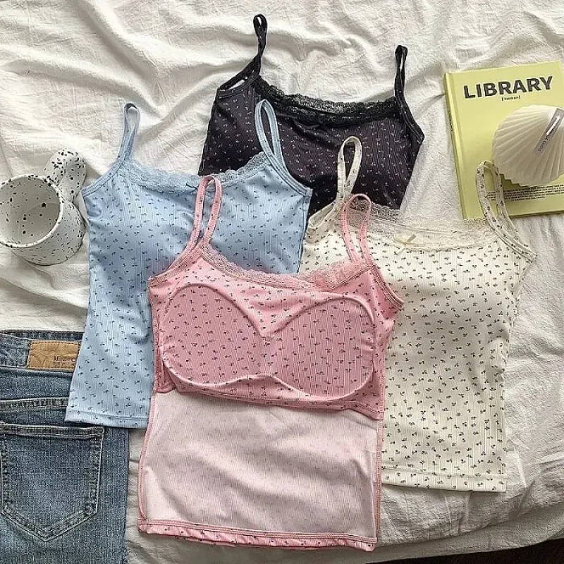 Elegant Lace Flower Print Slim Sexy Vest Floral Tops One Size Tank Spring Sweet Bowknot Style T-Shirt Casual Crop Top Summer