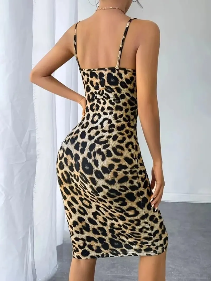Retro Leopard Print Slim Fit V-Neck Suspender Dress Hip Hugging Mid-Length Spicy Girl Fashion Retro Animal Print Dresses