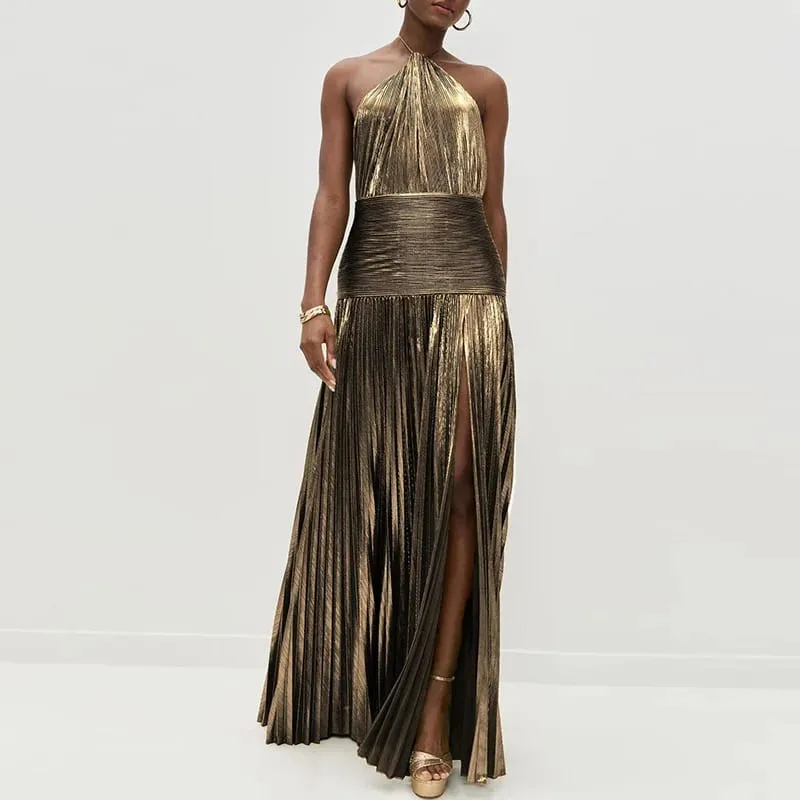 ทองเซ็กซี่ Halter สูงแยกชุดราตรีผู้หญิง Chic Solid Hollow จีบยาวชุดฤดูใบไม้ผลิฤดูร้อน Backless Zip Maxi ชุด