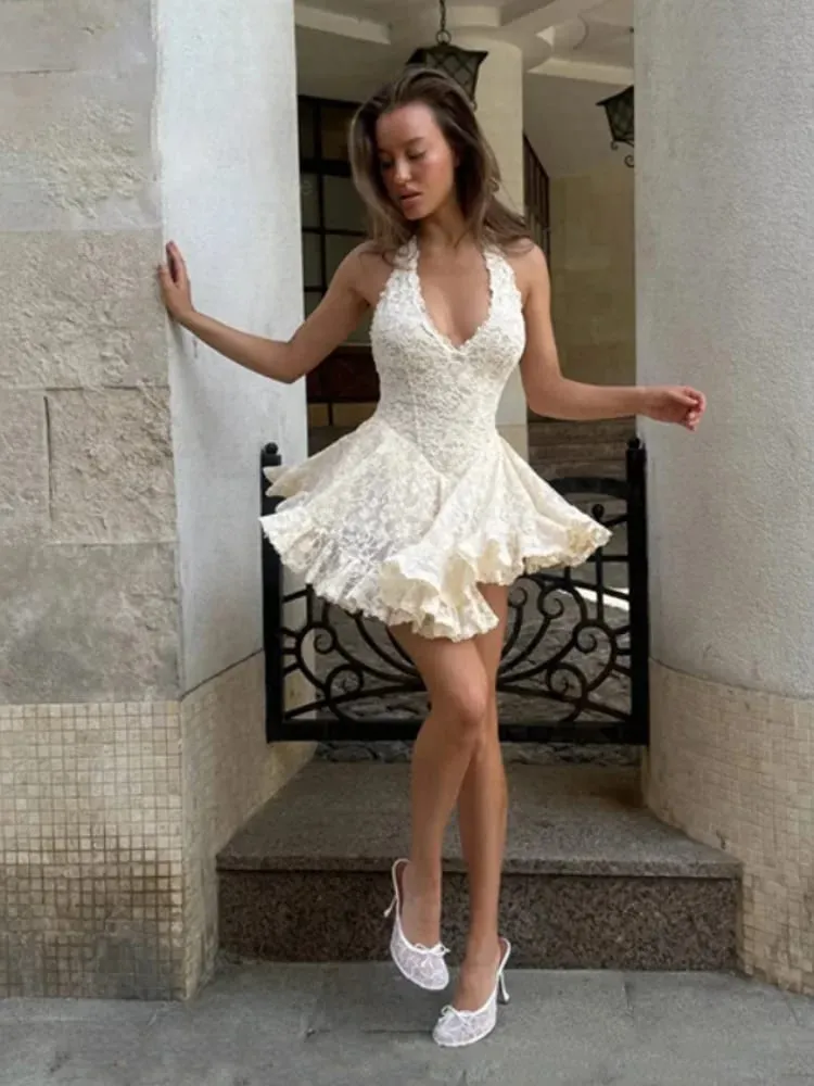 Hot Sweetheart Deep V Neck Halter Short Dress Lace Backless Waist Cinched Slim Vestidos 2026 Summer Beach Vacation Date Dresses — image 2