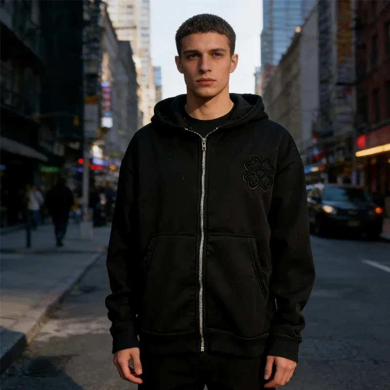 Olive Green Embroidered Zip Hoodie & Pants Set Men Streetwear Trendy Loose Casual 2-Piece Tracksuit New 2025 Fashion