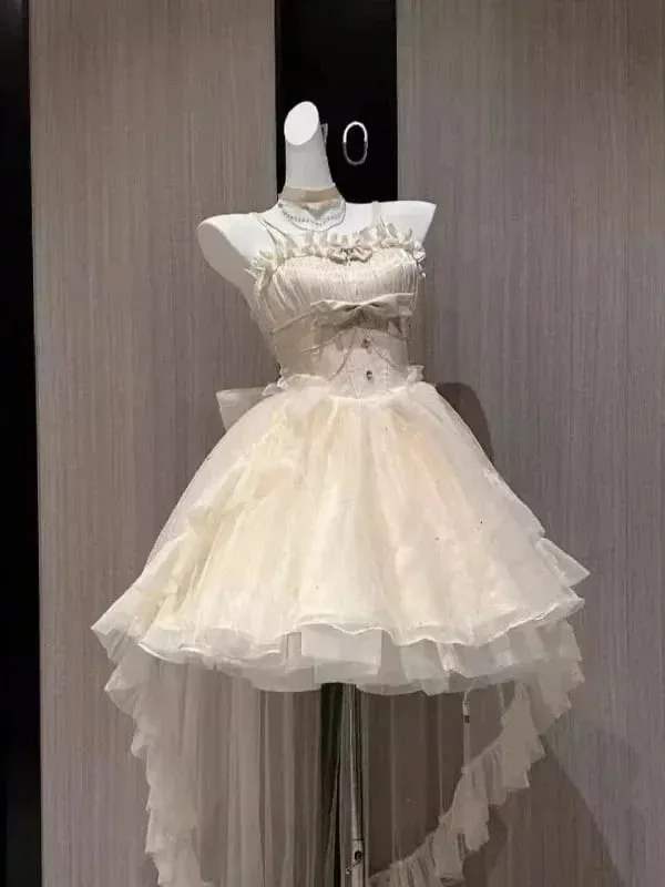 Gothic Red Lolita JSK Dress Women Spaghetti Strap Ruffle Tulle Skirt Chain Bow Decor High Low Hem Vintage Princess Party Dress