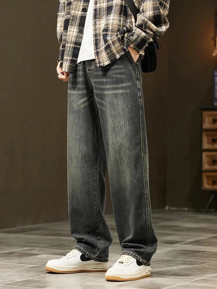 Korean Loose Wide Legs Jeans Men's Vintage Wash Denim Pants Fashion Streetwear Casual Baggy Straight Male Trousers