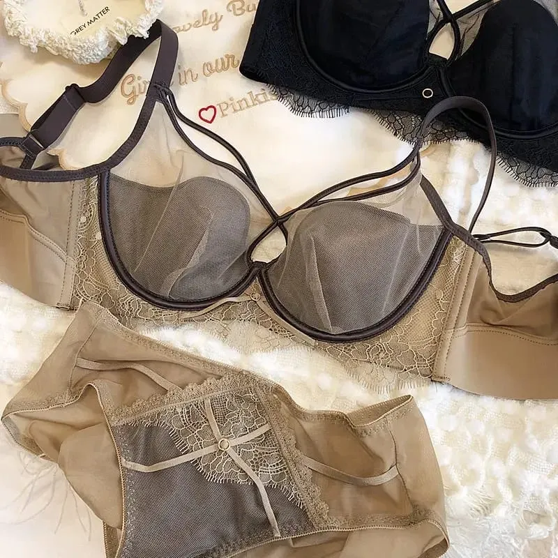 Sexy Hollow Bra Briefs Set Women Lace High Quality Underwear Thin Cup Adjustment Type Push Up Bras Mesh Lingerie Sets