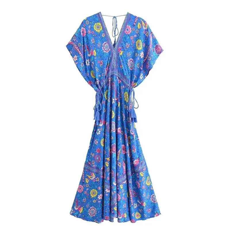 Boho Queens mujeres Pavo Real estampado Floral manga murciélago playa bohemio Maxi Vestidos señoras cuello en V borla vestido de verano Vestidos