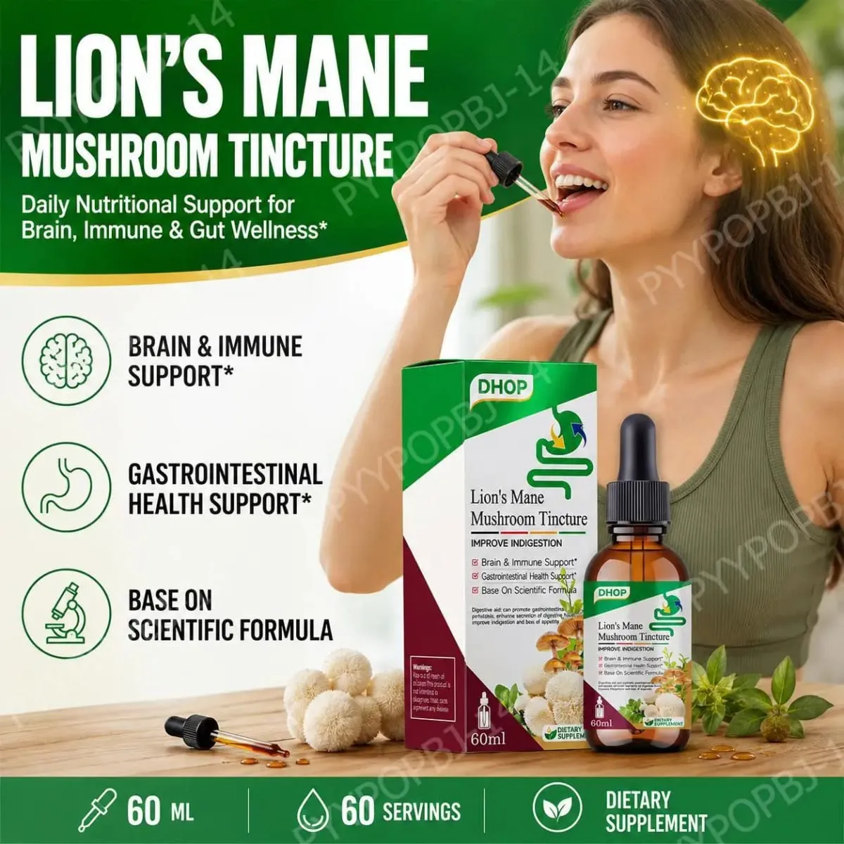 Lion's Mane Mushroom Tincture Liquid Brain & Immune Support and Gastrointestinal Health Support Lion's Mane 600 Mg 60 ML