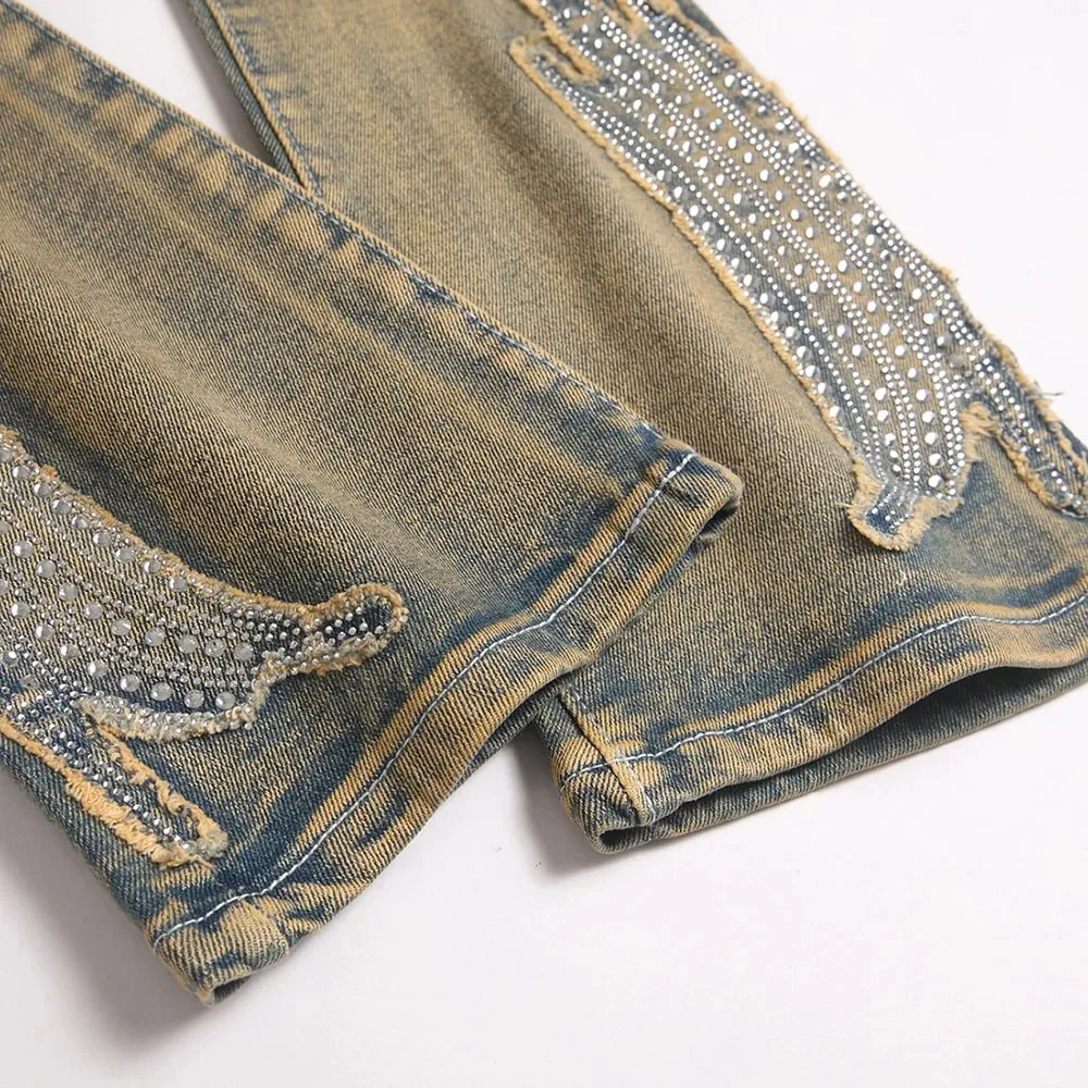 Men's Crystal Patch Denim Jeans Streetwear Rhinestone Boot Cut Pants Vintage Retro Blue Slim Flared Trousers