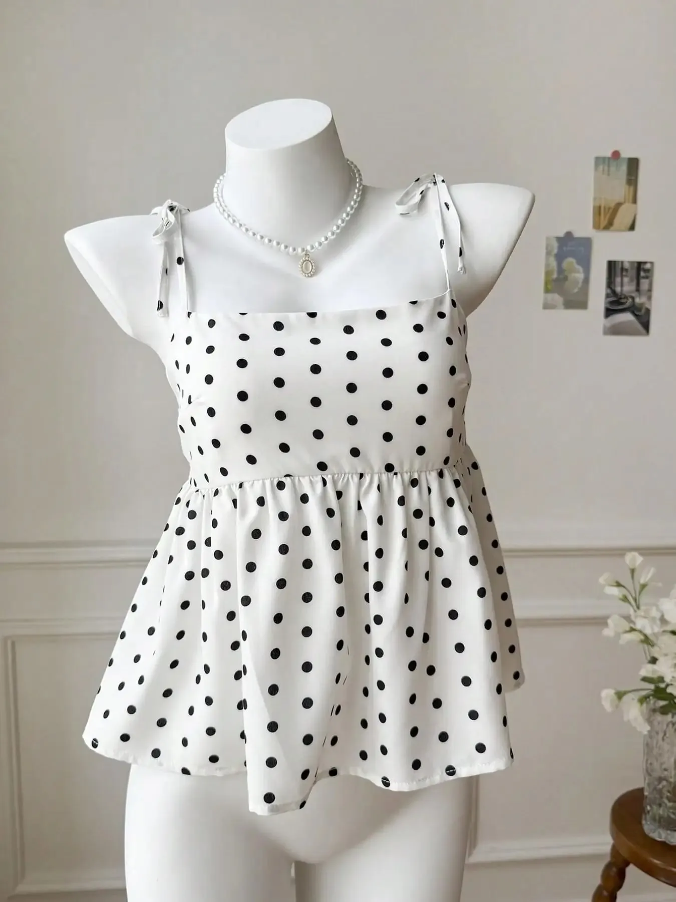 Women's Polka Dot Crop Cami With Spaghetti Straps And Flared Hem Polka Dot Camisole Babydoll Top Babydoll Tops Polkadot Top Cute — image 10