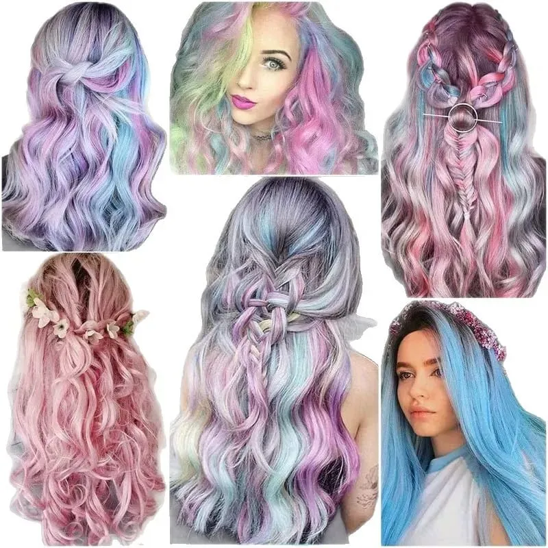 Synthetic 5Pcs Clip In Hair Extensions Colorful Ombre Curly Wig Rainbow Highlight Hair Clip On Hairpieces For Women Girls