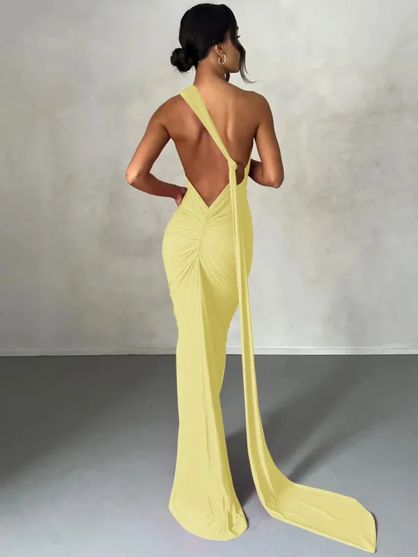 Hugcitar Eine Schulter, rückenfrei, verstellbar, mit Schal, Schleife, gerafft, sexy Maxikleid, 2025, Damen, elegantes Y2K-Streetwear-Festival-Outfit