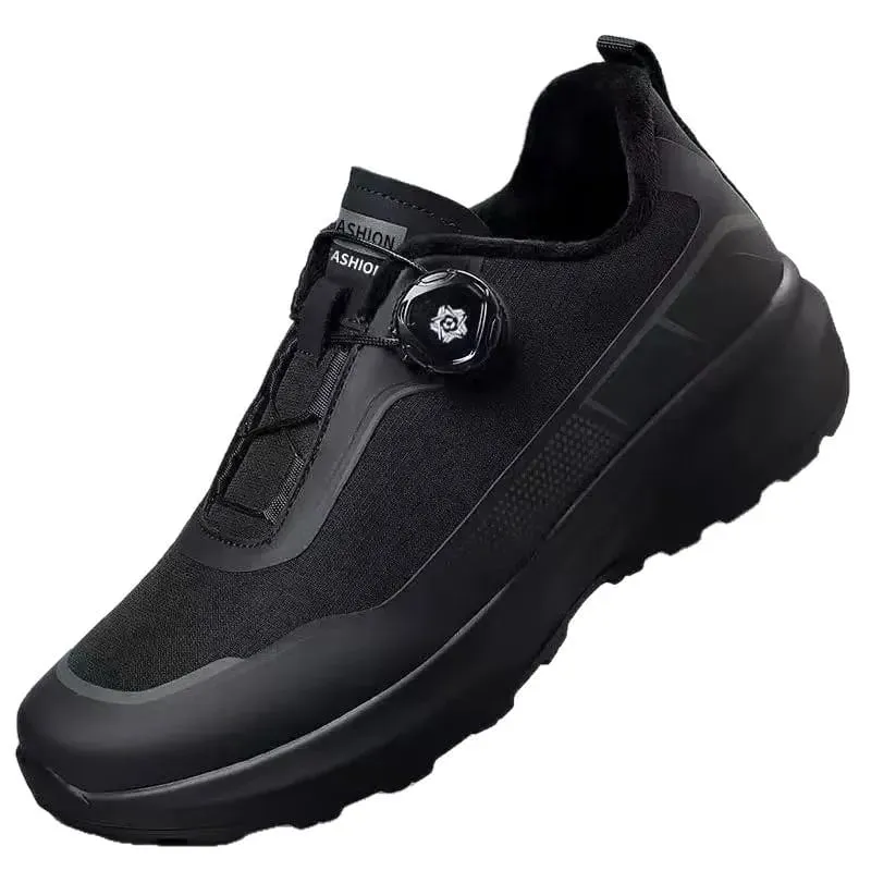 Men Black Casual Running Shoes Rotating Button Slip Resistant Thick Sole Outdoor Sneakers