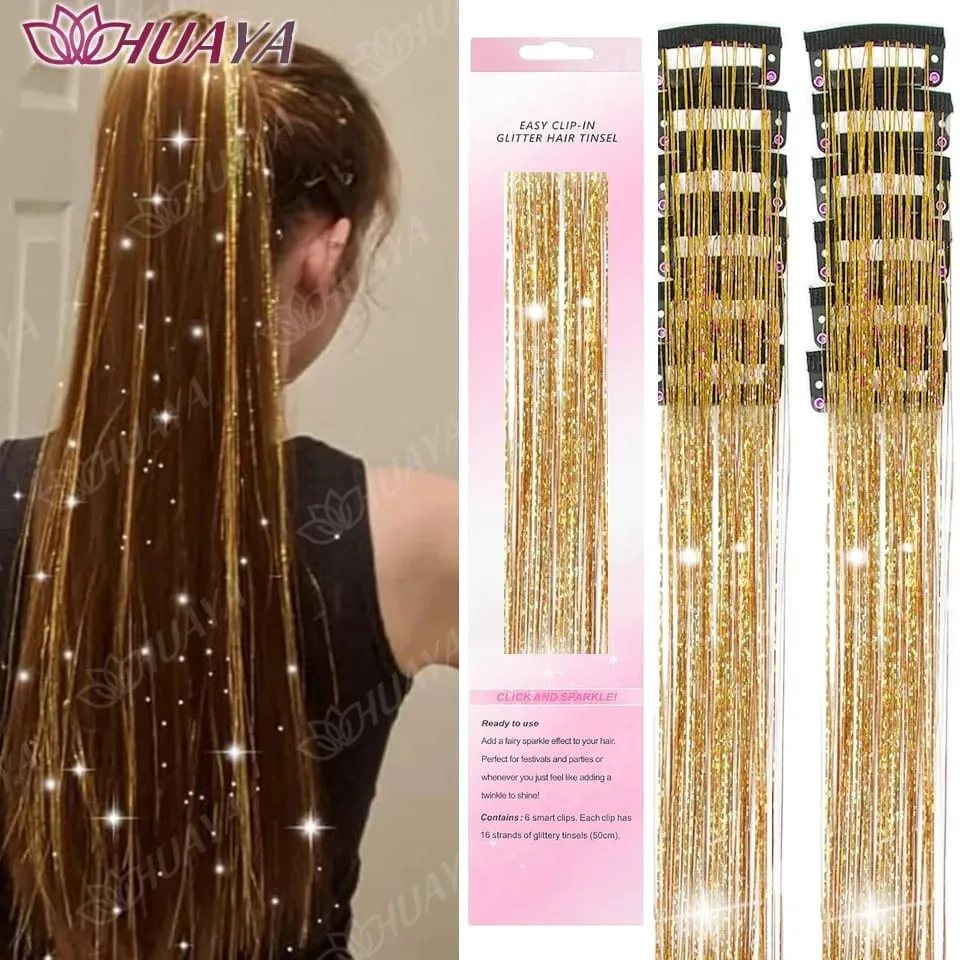 12Pcs/set Hair Tinsel Clip in Glitter Tinsel Hair Extensions Synthetic Shiny Sparkling Fairy Hair Tinsel Party Hair Accessories
