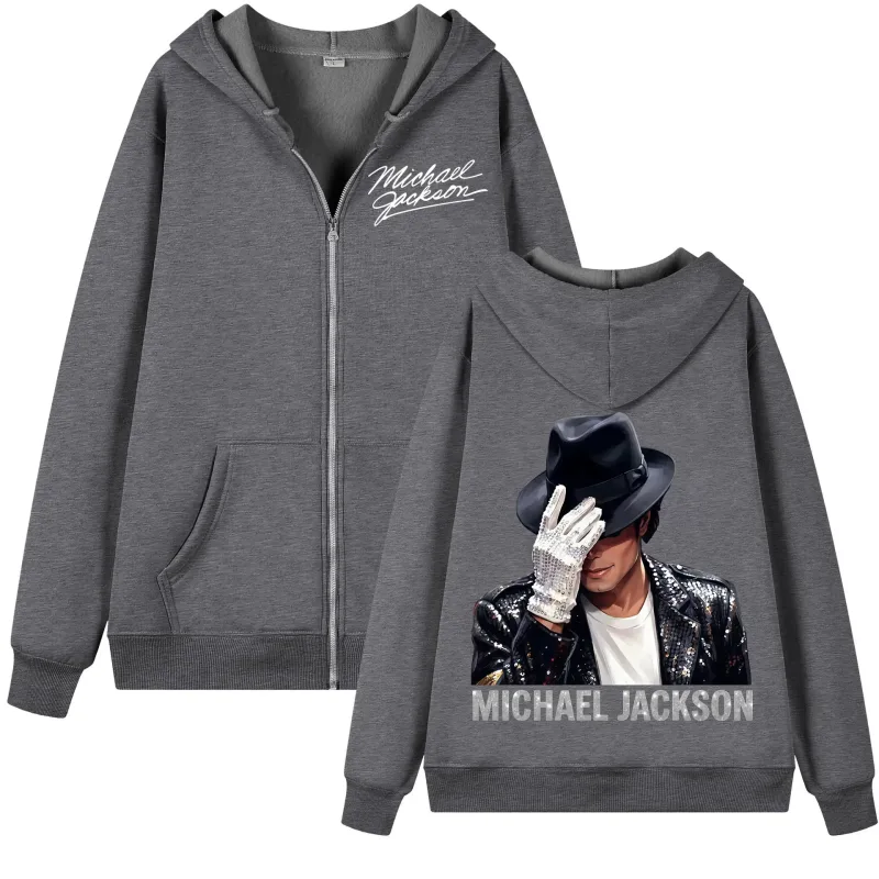 90's Rock Singer Michael Jackson Zipper Hoodie Vintage Fashion Zip Up Hooded Sweatshirts Men Women Casual Loose Fleece Pullovers
