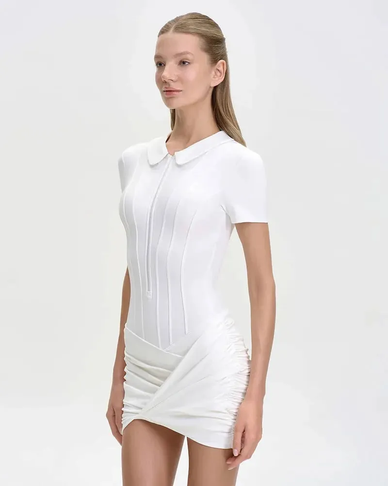 Short Sleeve Zipper Sports Bodysuit Women Rompers Summer Casual Draped Ruched Slim Fit Fitness Bodysuits Female