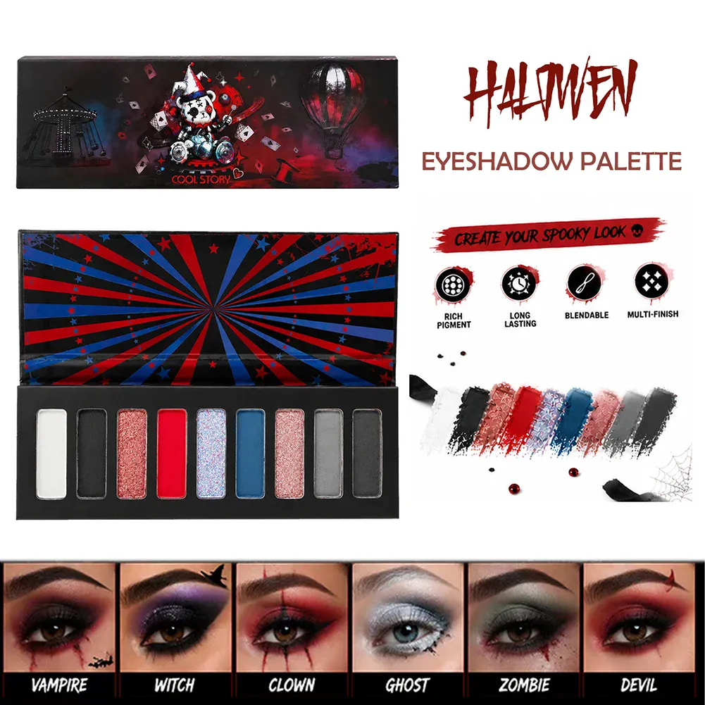 Shimmer Glitter Metallic 9 Colors Halloween Eyeshadow Palette High Pigment Gothic Smoky Eye Shadow Fine Flash Lasting Makeup