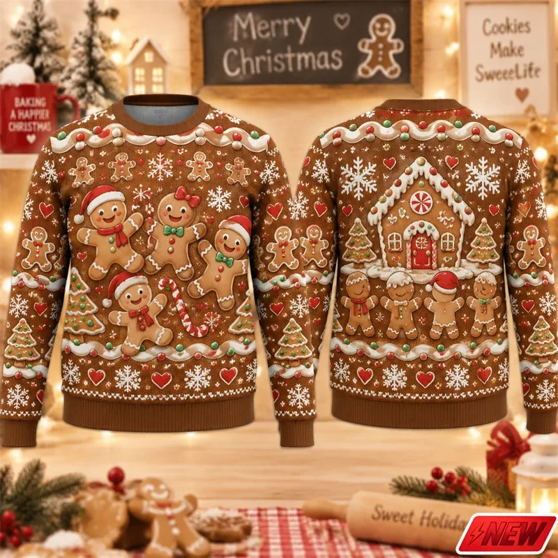 Christmas Ugly Sweater Men Holiday Gift Trendy 3D Print Funny Skateboarding Gingerbread Man House Pattern Pullover Unisex Hoodie