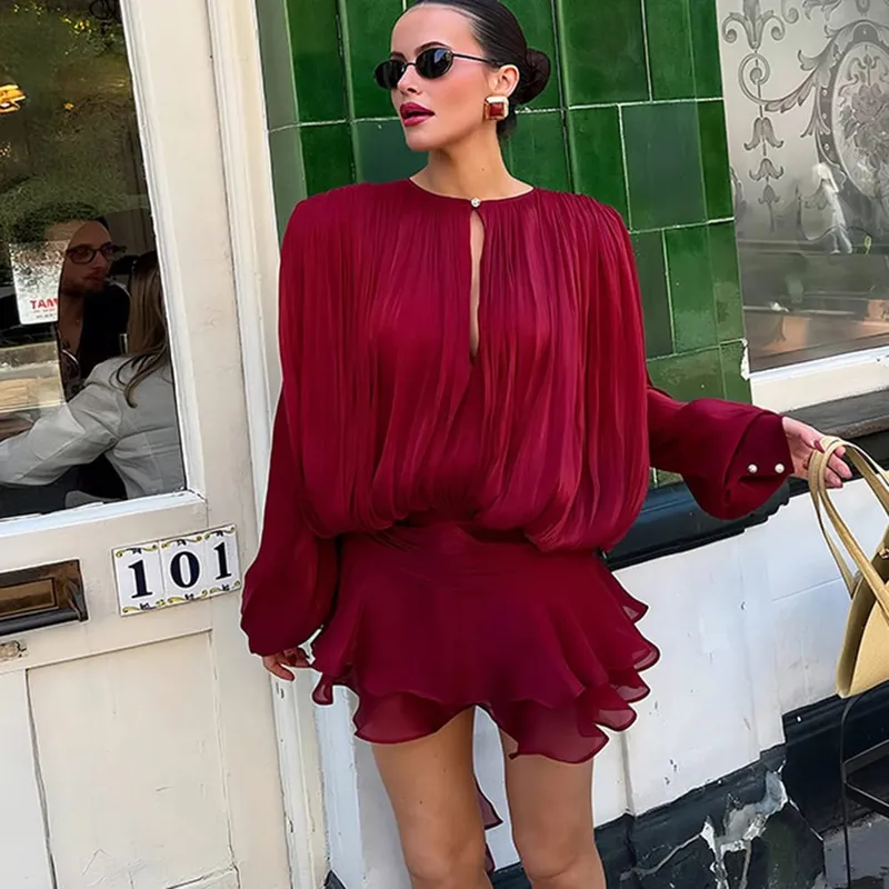 Ticketsx Summer Shiny One Shoulder Skinny Pleated Mini Dress Elegant Solid Ruched Long Sleeve Vestidos Lady Party Evening Dress
