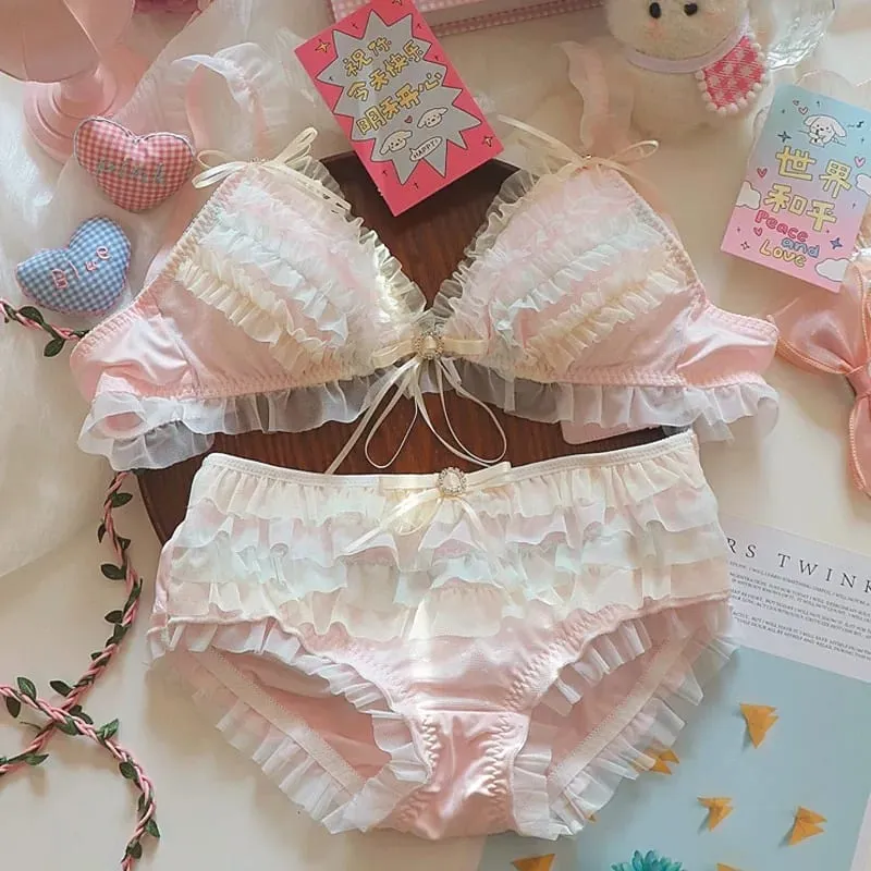 Japanese Style Lolita Princess Lingerie Set Women Pure Desire Cake Layer Lace Mesh Cotton Crotch Party Bra And Panty Set Cute