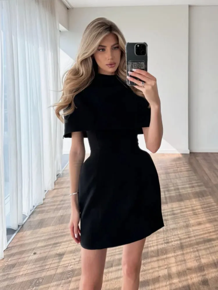 Solid Elegant Shawl Mini Dress Women Fashion Round Neck Waist Cinching Slim Short Dresses Lady Daily Evening Dinner Vestidos