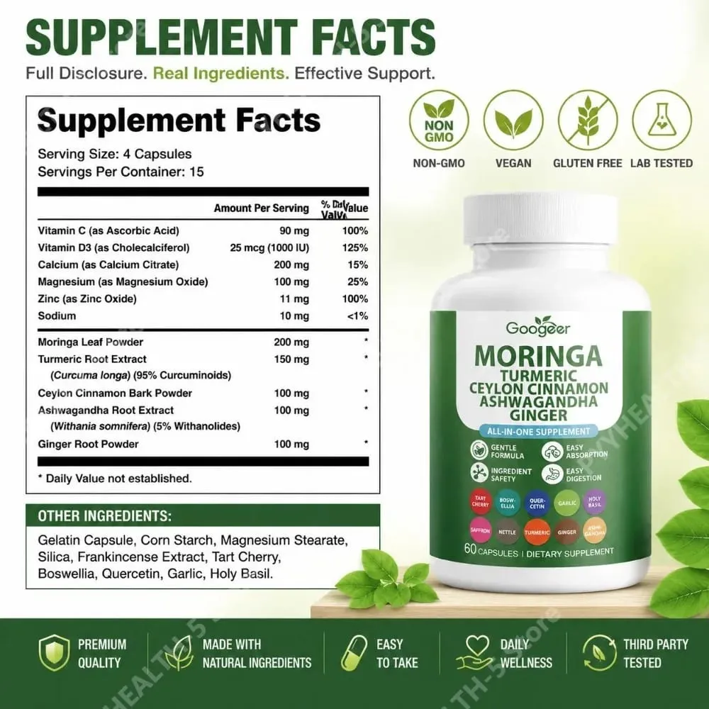 Googeer Moringa Turmeric Capsules All-in-one for Joint Health Support with Ashwagandha Ginger and Ceylon Cinnamon 60 Capsules