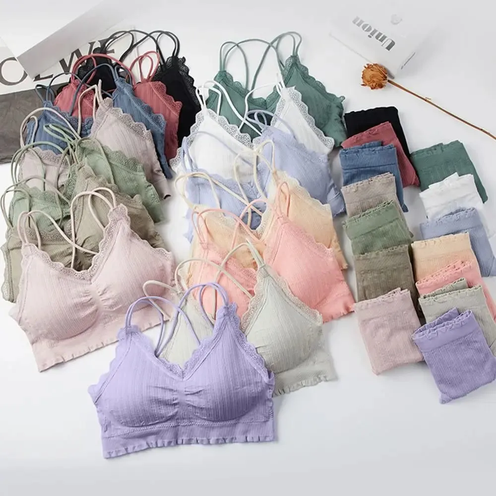 1Set Casual Lace Women Seamless Bra Set V-Neck Breathable Lingerie Set Comfortable with Bra Pads Underwear Set
