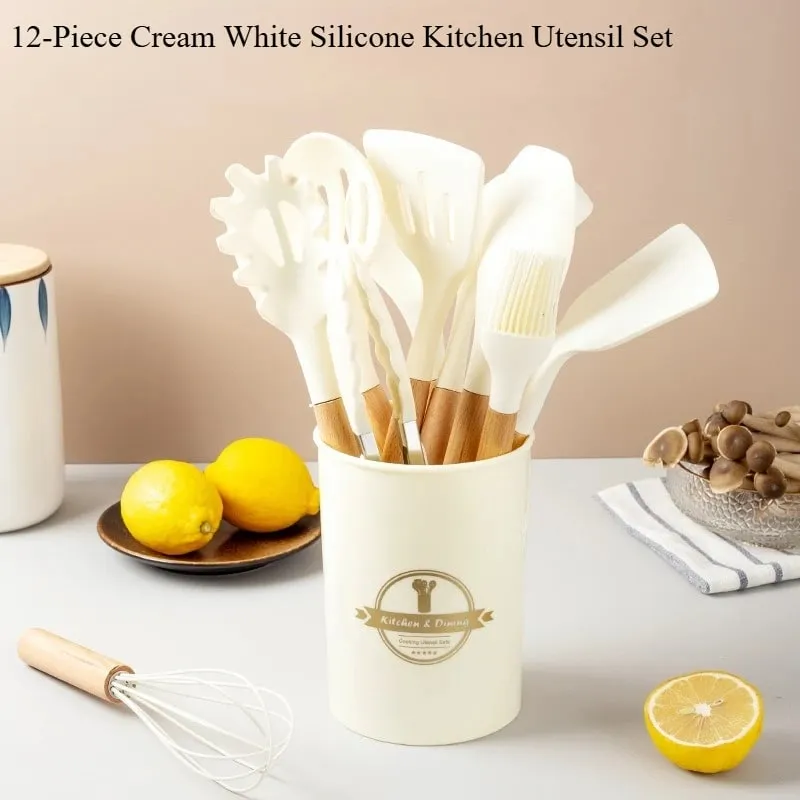 2/12Pcs White Silicone Kitchen Utensils Set with Wooden Handle Cookware Spatula Heat Resistant Non-stick Kitchen Cooking Tools