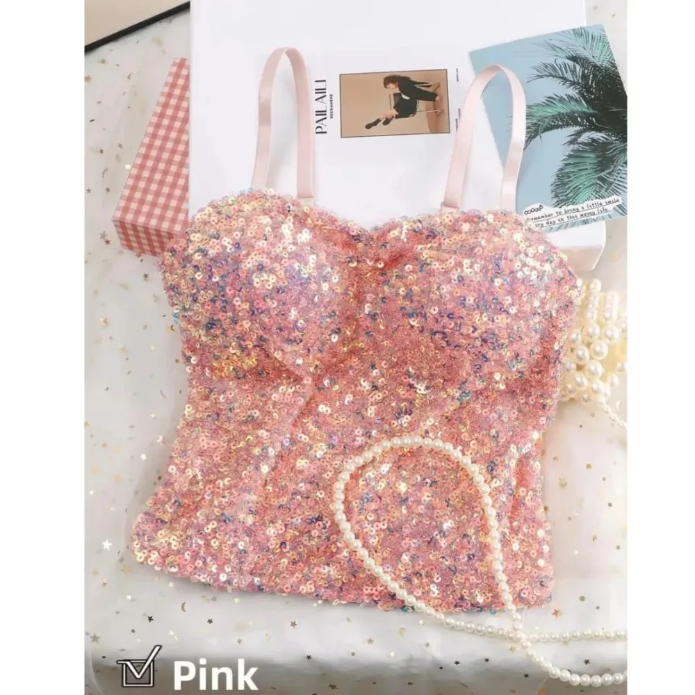 Shiny Sequin Sequin One-Piece Tank Top Fixed Wrap Chest High Elasticity Backless Vest Underwear Short Base Layer Vest Top Summer