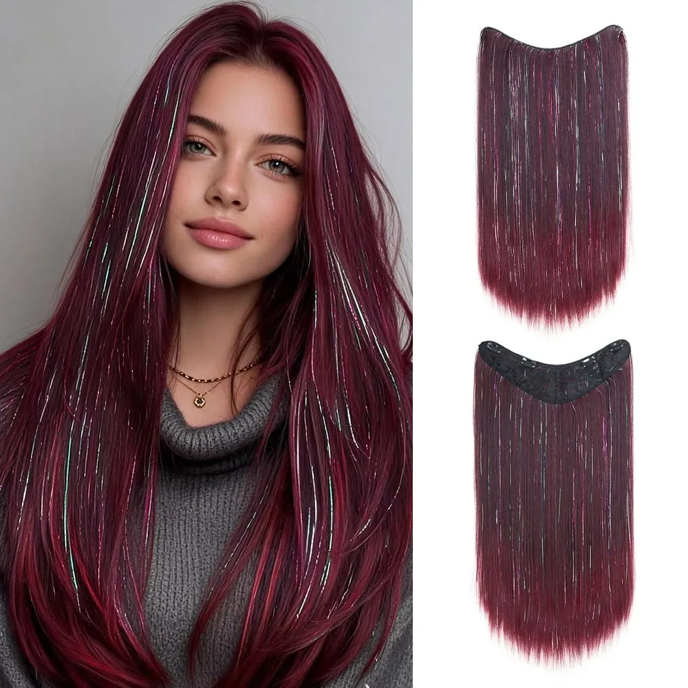 24Inch Synthetic Long Straight Clip‑in Hair Extensions Sparkling Tinsel Hair High‑Temp Fiber Hairpiece for Women Party Cosplay